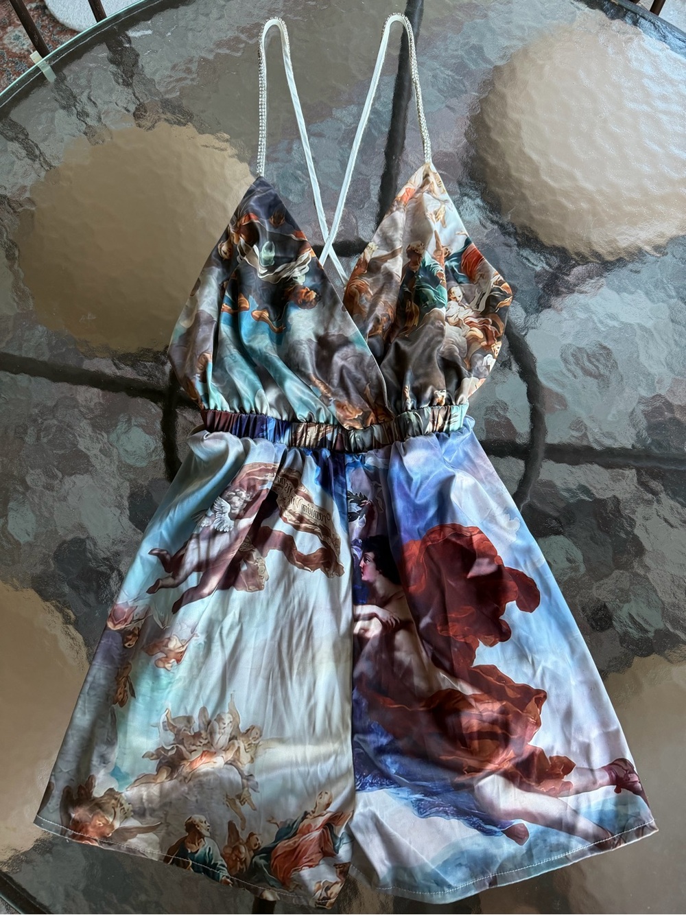 Renaissance satin romper with fully rhinestone embellished straps ✨